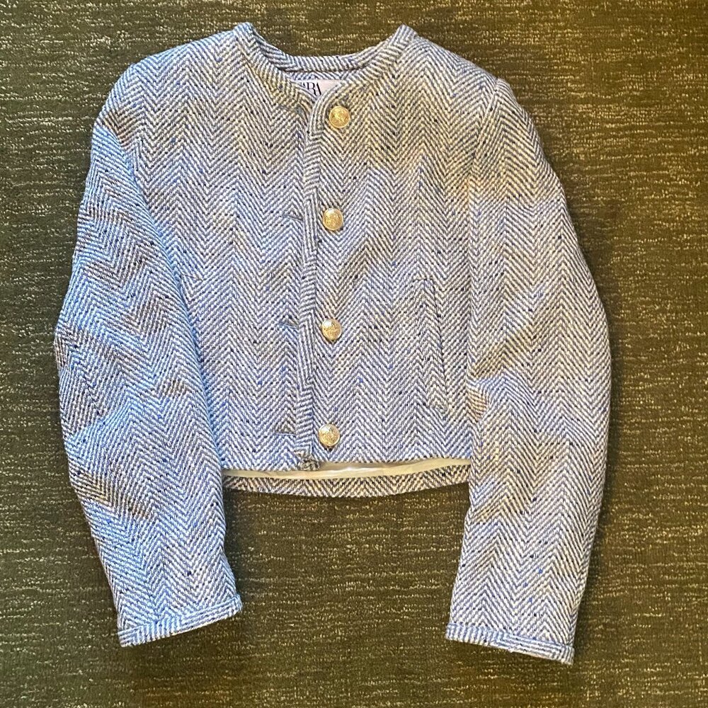 Zara Light Gray Herringbone Cropped Blazer - Picture 2 of 3